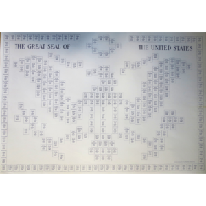 black and white design of an eagle made up of rectangles that stamps could be affixed to