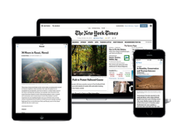 image of a tablet, monitor, and smartphone all depicting a New York Times article