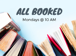 Image of books in a swirl pattern with caption: "all booked, mondays at 10 AM"