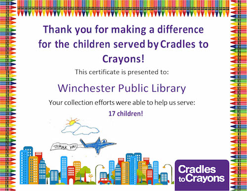 photo of WPL certificate from cradles to crayons