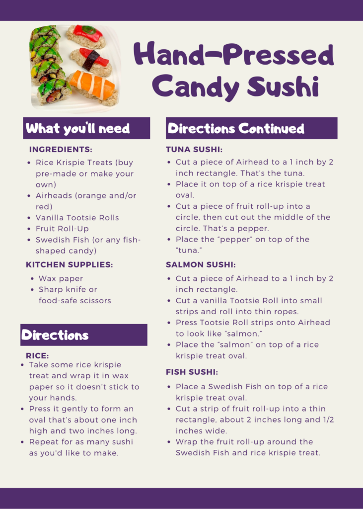 recipe card for candy sushi